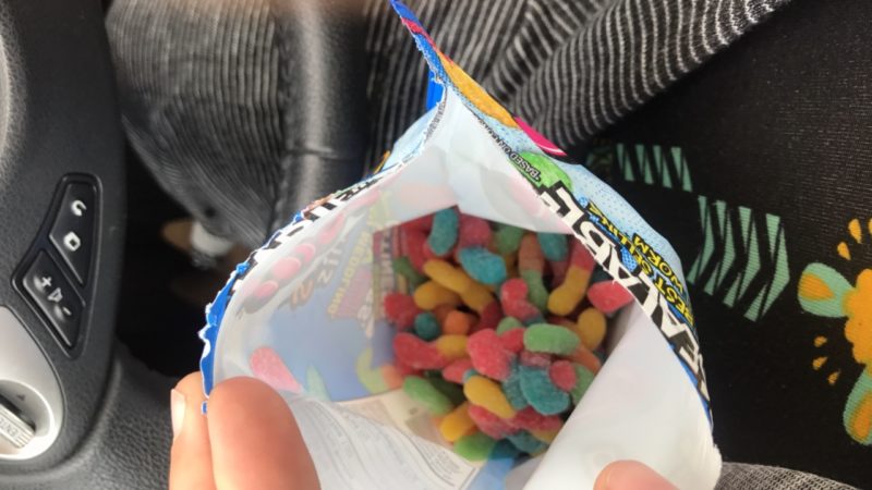 Sour gummies—the best road trip food! 